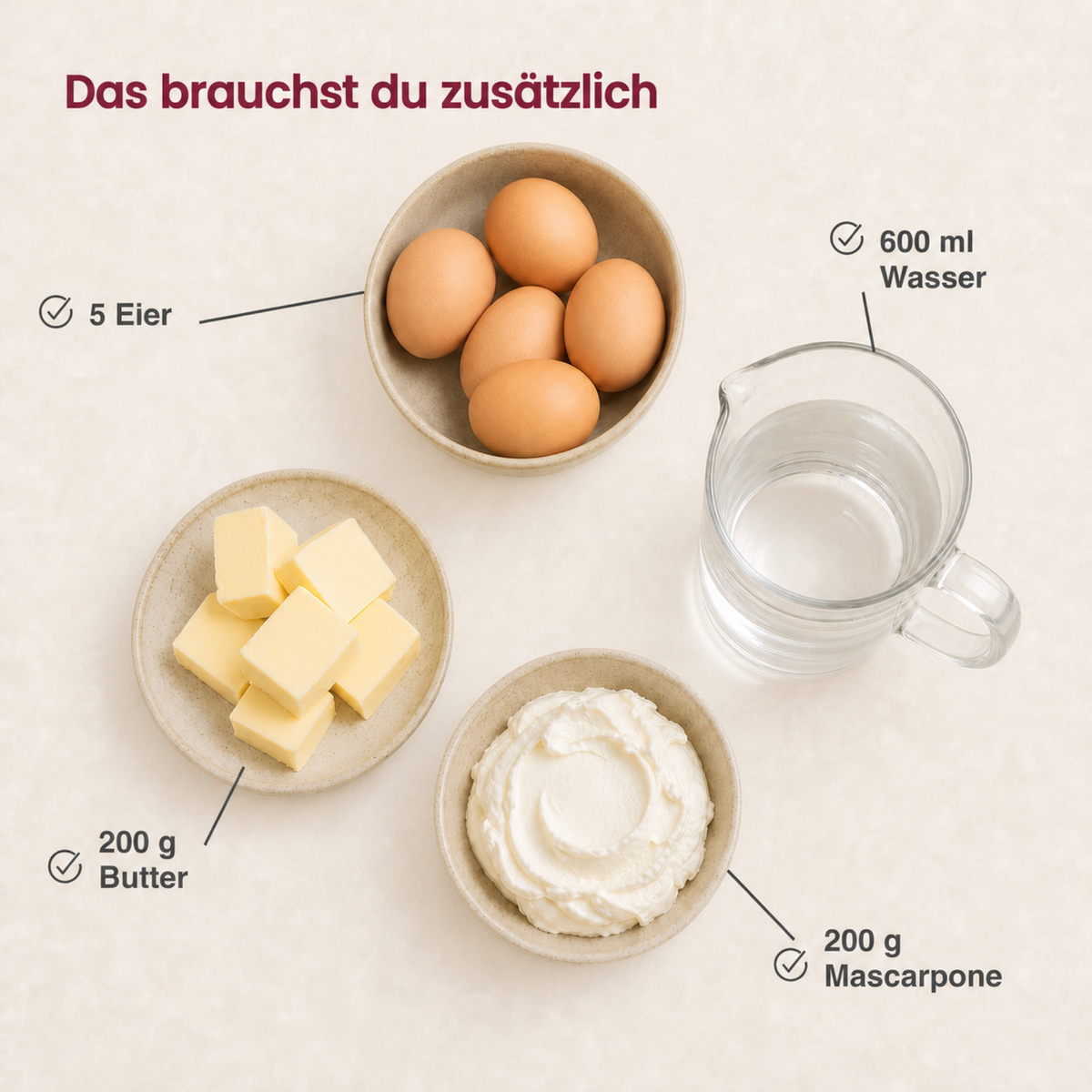 Zusätzlich benötigte Zutaten für die Vanilla Cake Torte: fünf Eier, Wasser, Butter und Mascarpone